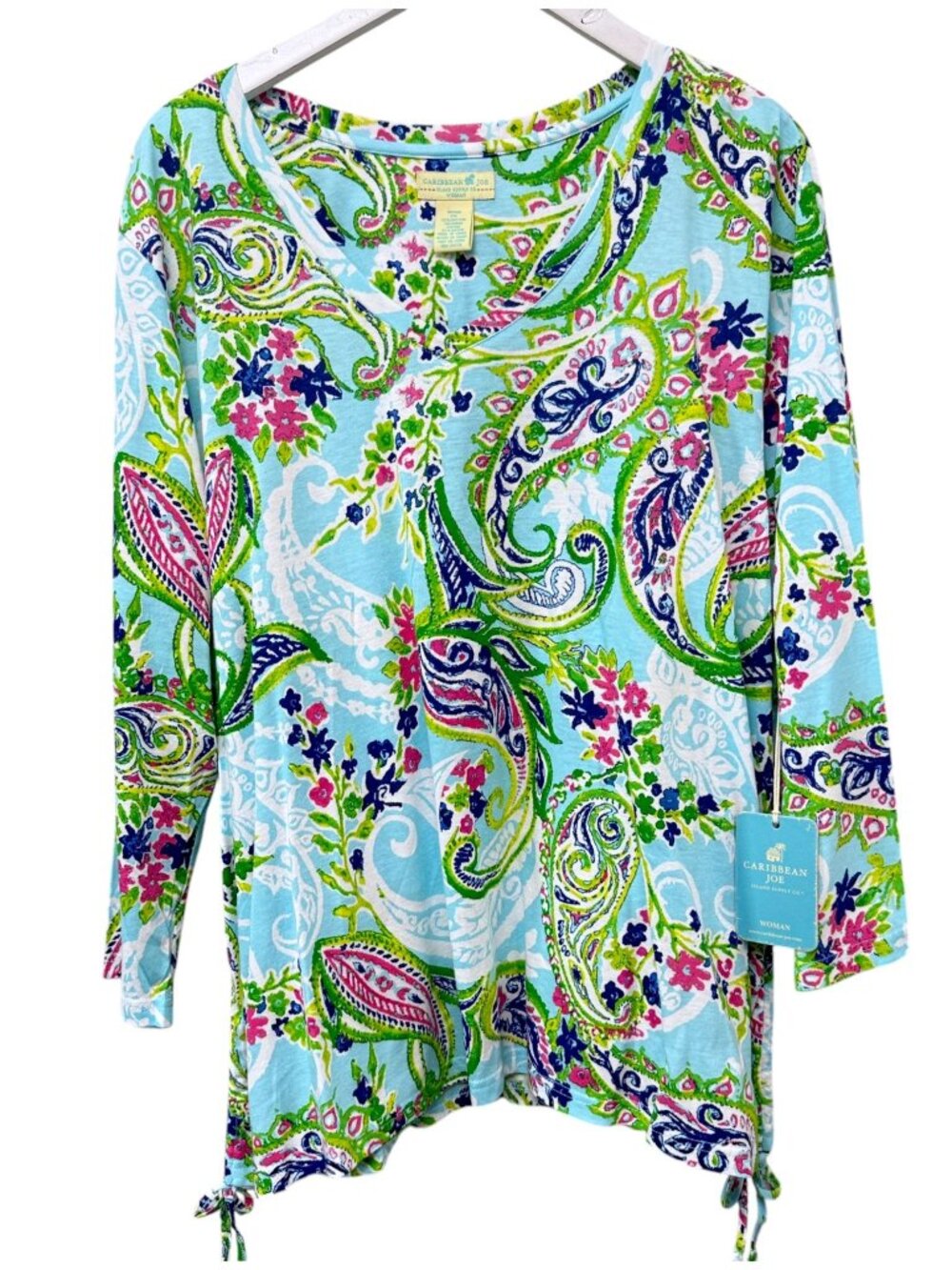 CARIBBEAN JOE Womens Top Plus Size 2X Blue Paisley Preppy T-shirt Tie Sides NWT